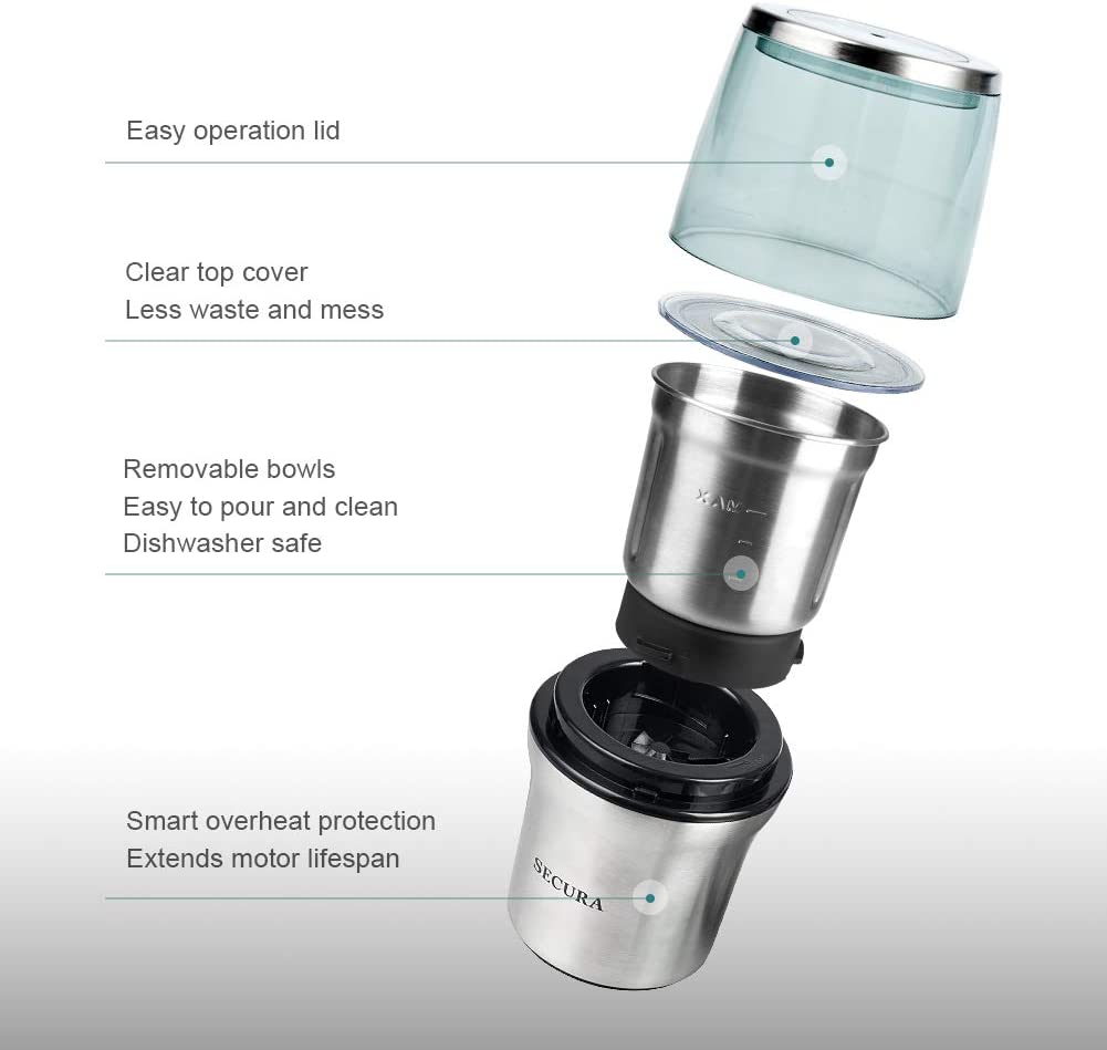 Secura Electric Coffee Grinder and Spice Grinder with 2 Stainless Stee