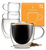 Coffee or Tea Glasses Set of 4-8oz Double Wall Thermal Insulated Cups with Handle