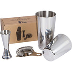 Boston Shaker Set: Professional two-piece Stainless Steel Cocktail Shaker set with Hawthorne Strainer and Japanese Jigger