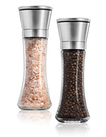 KitchenGrip Salt and Pepper Grinder Set Of 2 - Stainless Steel Top, 6 Oz Glass Tall Body - Salt and Pepper Mill For Fine and Coarse Grinding, 5 Grade Adjustable Ceramic Rotor, Salt and Pepper Shakers