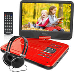 WONNIE 12.5 Inch Portable DVD Player, 10.5" Swivel Screen, 4 Hour Rechargeable Battery, USB / SD Slot (RED)