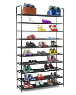 Halter 10 Tier Stackable Shoe Rack Storage Shelves - Stainless Steel Frame Holds 50 Pairs of Shoes - 39.125" X 11.125" X 69.5" - Black